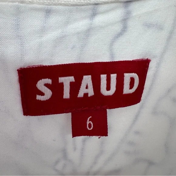 STAUD cutout Perla White Mini linen stealth Dress w/ Blue  Print size 6 - Picture 5 of 8